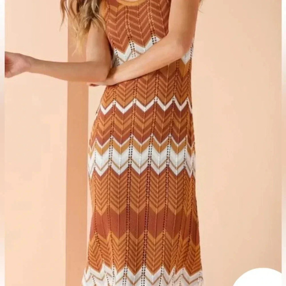 VERSONA Crochet Maxi Dress Carmel Latte Size Medium NWT Brown & Light Blue Boho - Picture 13 of 13